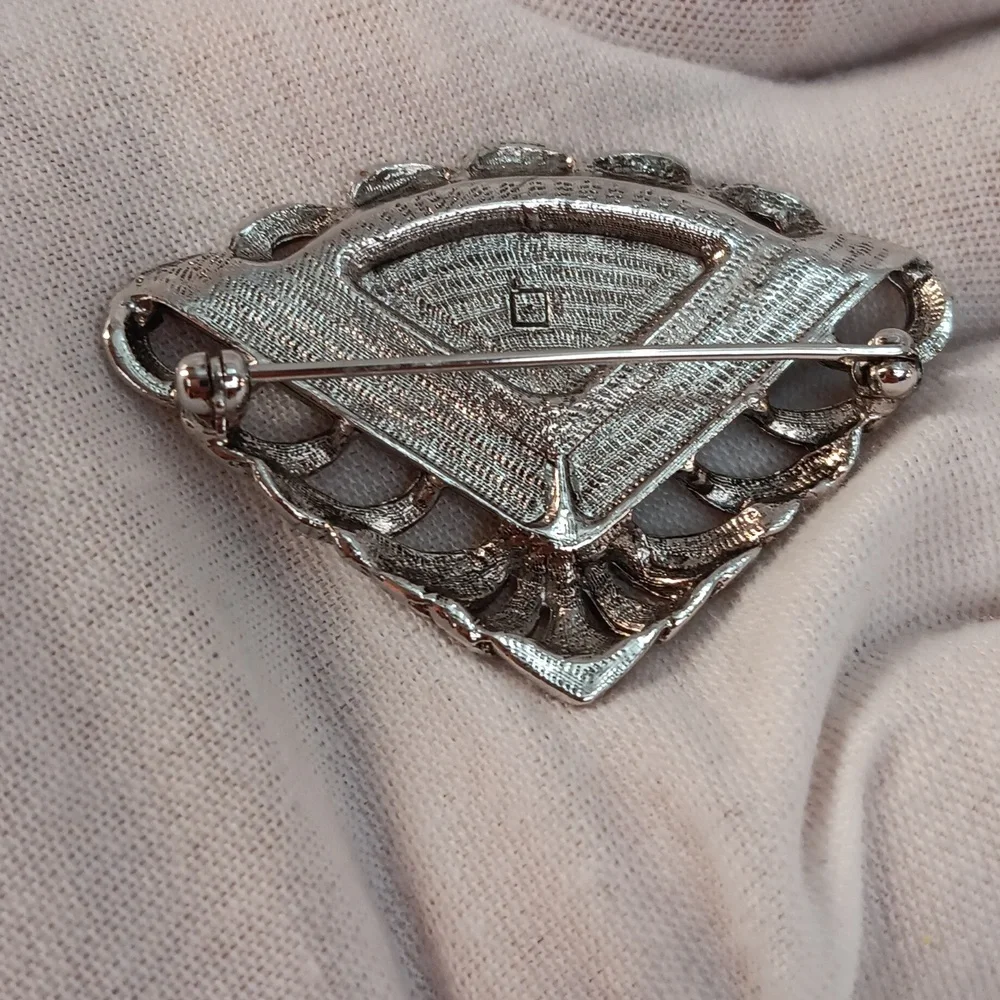 Vintage Avon Cream and Black Art Deco Filigree Fan- Shape Brooch Silver Tone